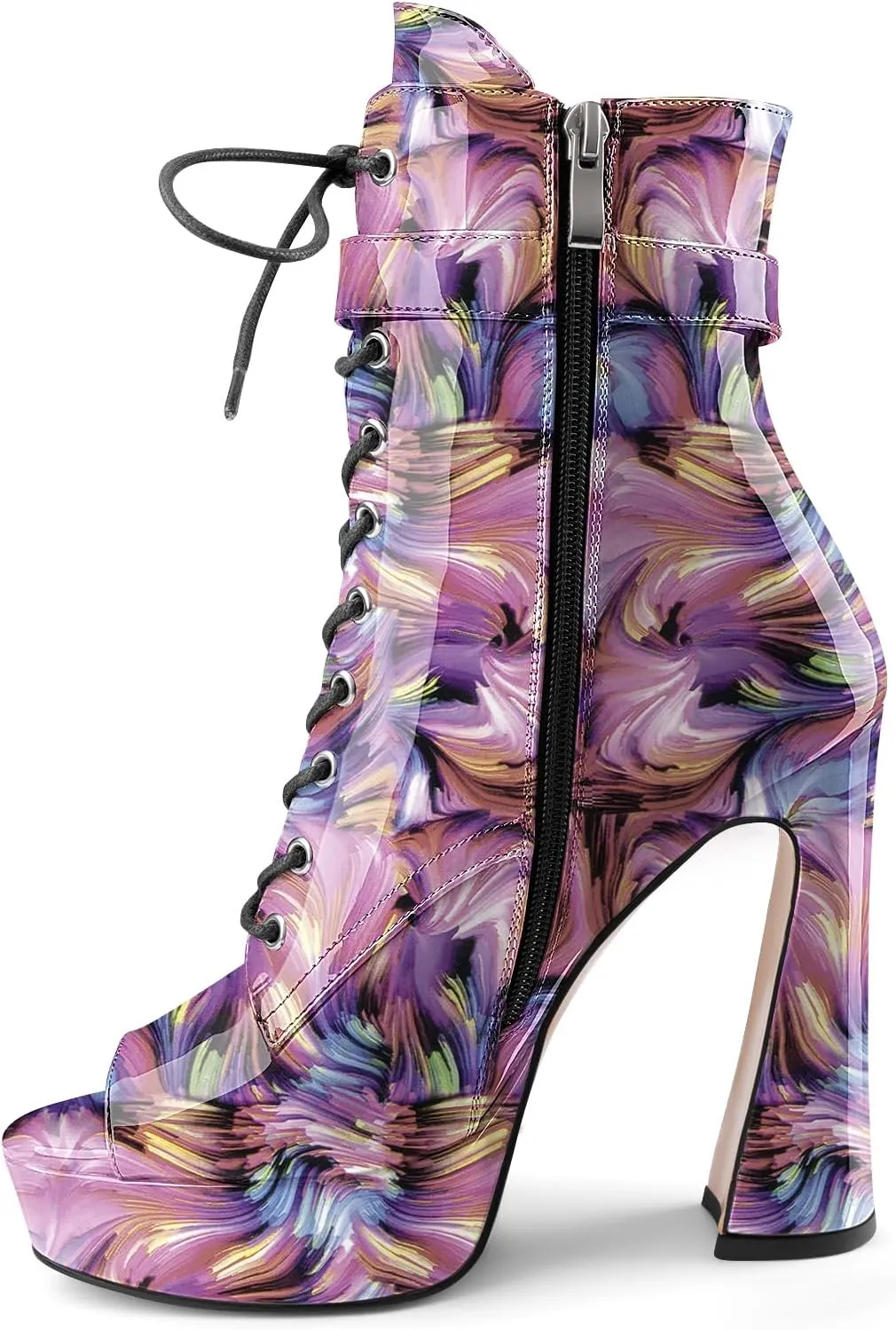 Women's Black Ankle Boots Platform Lace-Up Short Boot Chunky High Heel Open Peep Toe Booties Shoes with Side Zipper and Strap Buckle for Ladies Sexy Cute