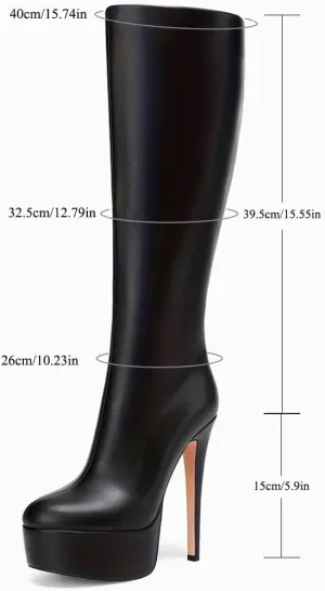 Women's Black Leather Platform Heel Knee-High Boots Sexy Stiletto Heel Thigh High Boots (Black,12)