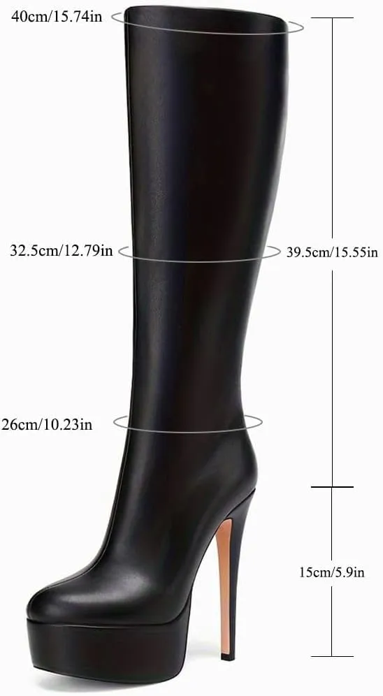 Women's Black Leather Platform Heel Knee-High Boots Sexy Stiletto Heel Thigh High Boots (Black,12)
