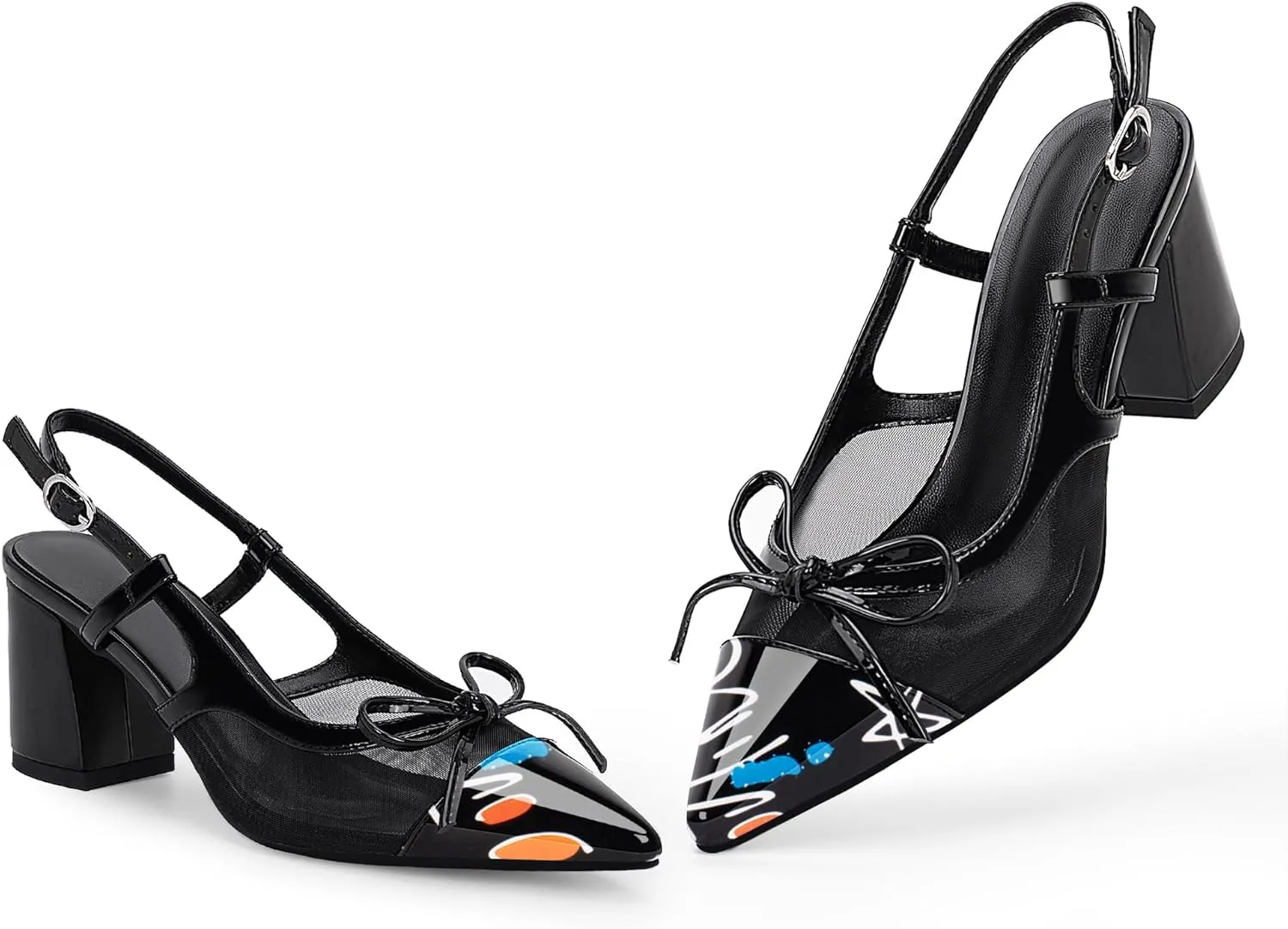 Women’s Black Pointed Toe High Heels – Elegant Mesh Bowknot Block Heel Pumps with Ankle Strap for Party Wedding Office Wear