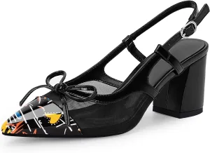 Women’s Black Pointed Toe High Heels – Elegant Mesh Bowknot Block Heel Pumps with Ankle Strap for Party Wedding Office Wear