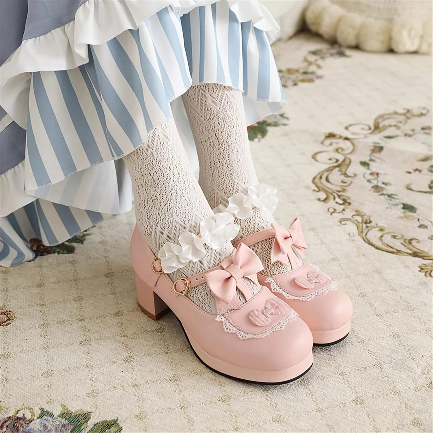 Women's Block Chunky Heel Round Toe Double Strappy Bow Heart Buckle Sweet Lolita Pumps Platform Pleated Bordered Goth Harajuku Kawaii Shoe Uniform Shoes