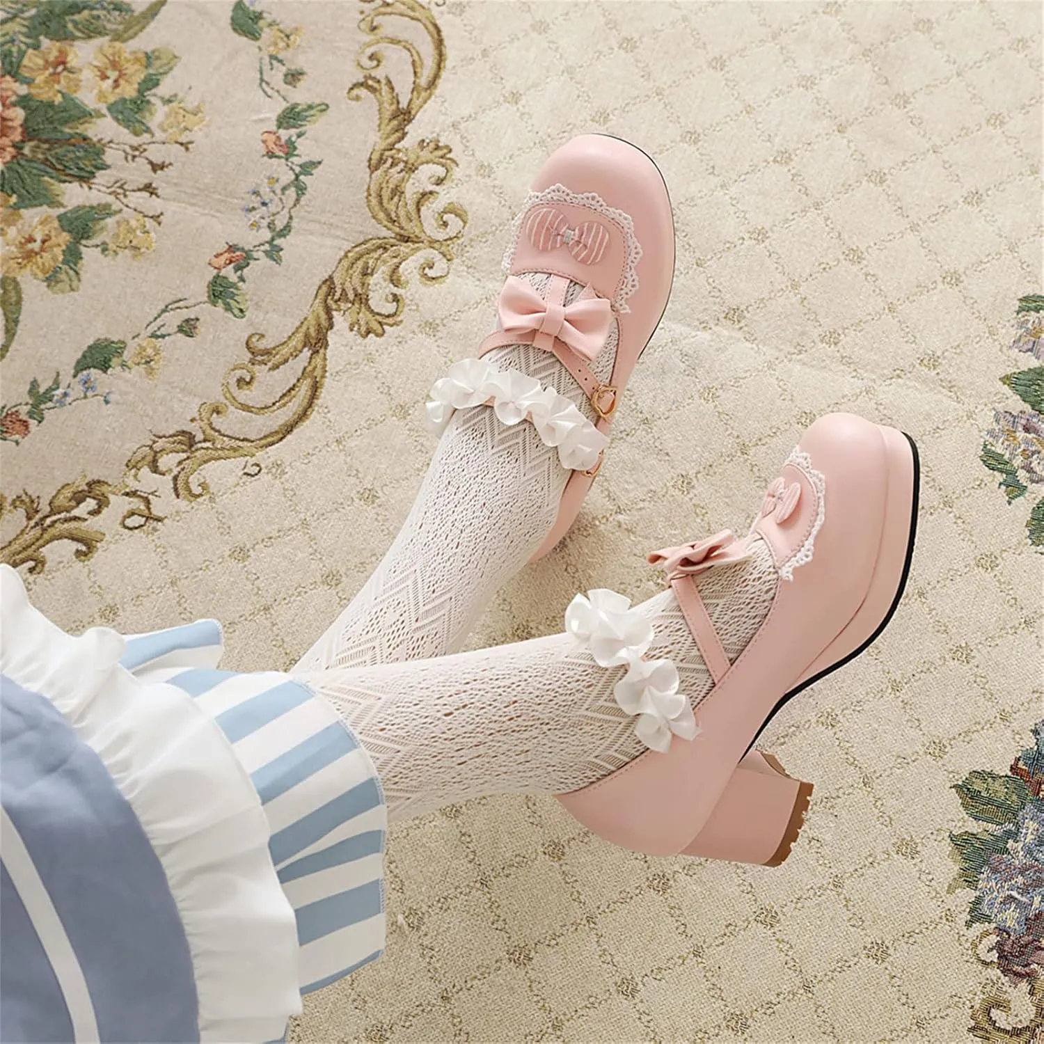 Women's Block Chunky Heel Round Toe Double Strappy Bow Heart Buckle Sweet Lolita Pumps Platform Pleated Bordered Goth Harajuku Kawaii Shoe Uniform Shoes