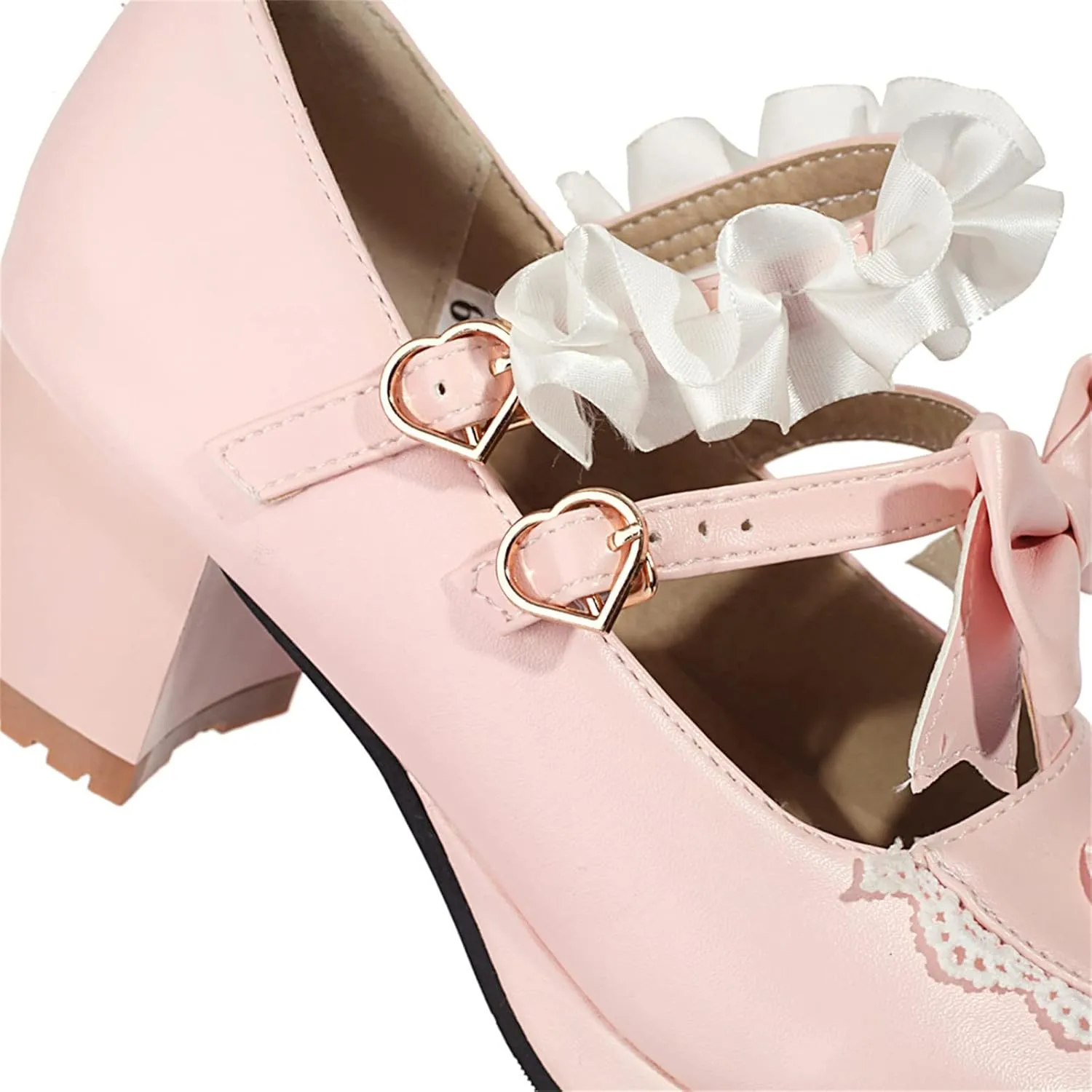 Women's Block Chunky Heel Round Toe Double Strappy Bow Heart Buckle Sweet Lolita Pumps Platform Pleated Bordered Goth Harajuku Kawaii Shoe Uniform Shoes