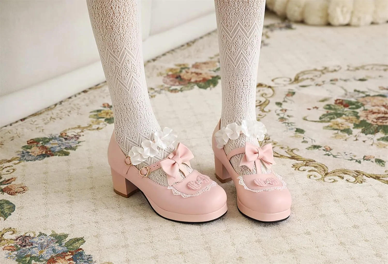 Women's Block Chunky Heel Round Toe Double Strappy Bow Heart Buckle Sweet Lolita Pumps Platform Pleated Bordered Goth Harajuku Kawaii Shoe Uniform Shoes