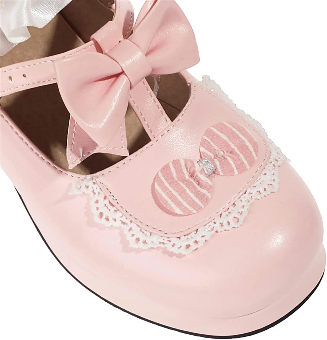 Women's Block Chunky Heel Round Toe Double Strappy Bow Heart Buckle Sweet Lolita Pumps Platform Pleated Bordered Goth Harajuku Kawaii Shoe Uniform Shoes