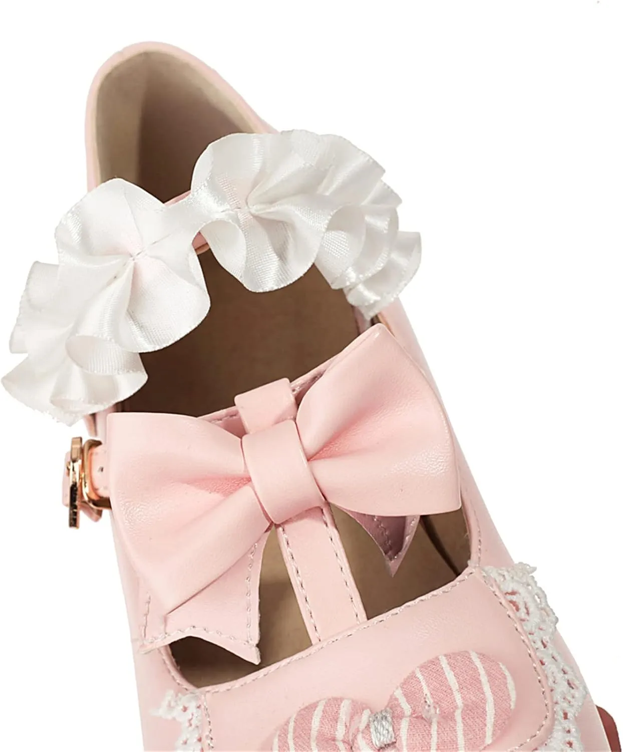 Women's Block Chunky Heel Round Toe Double Strappy Bow Heart Buckle Sweet Lolita Pumps Platform Pleated Bordered Goth Harajuku Kawaii Shoe Uniform Shoes