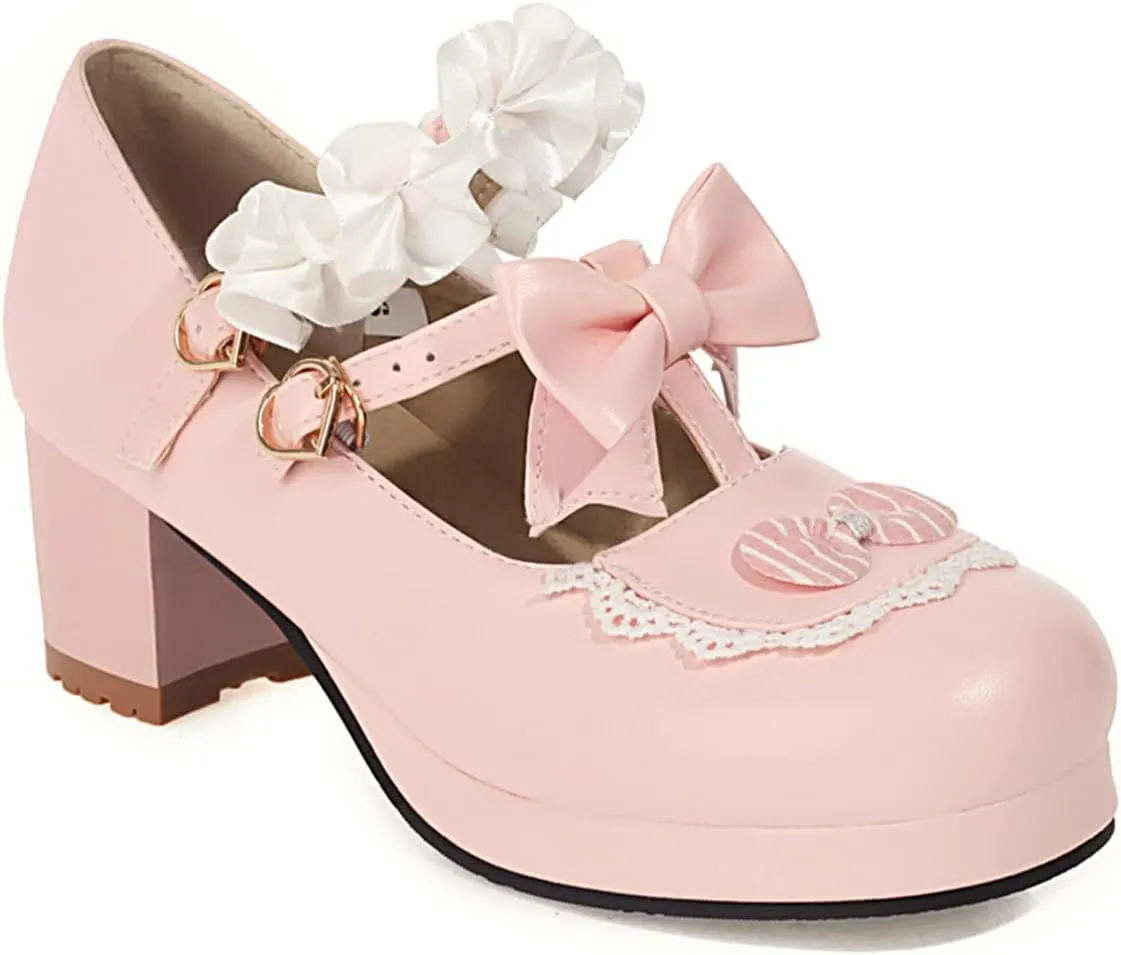Women's Block Chunky Heel Round Toe Double Strappy Bow Heart Buckle Sweet Lolita Pumps Platform Pleated Bordered Goth Harajuku Kawaii Shoe Uniform Shoes
