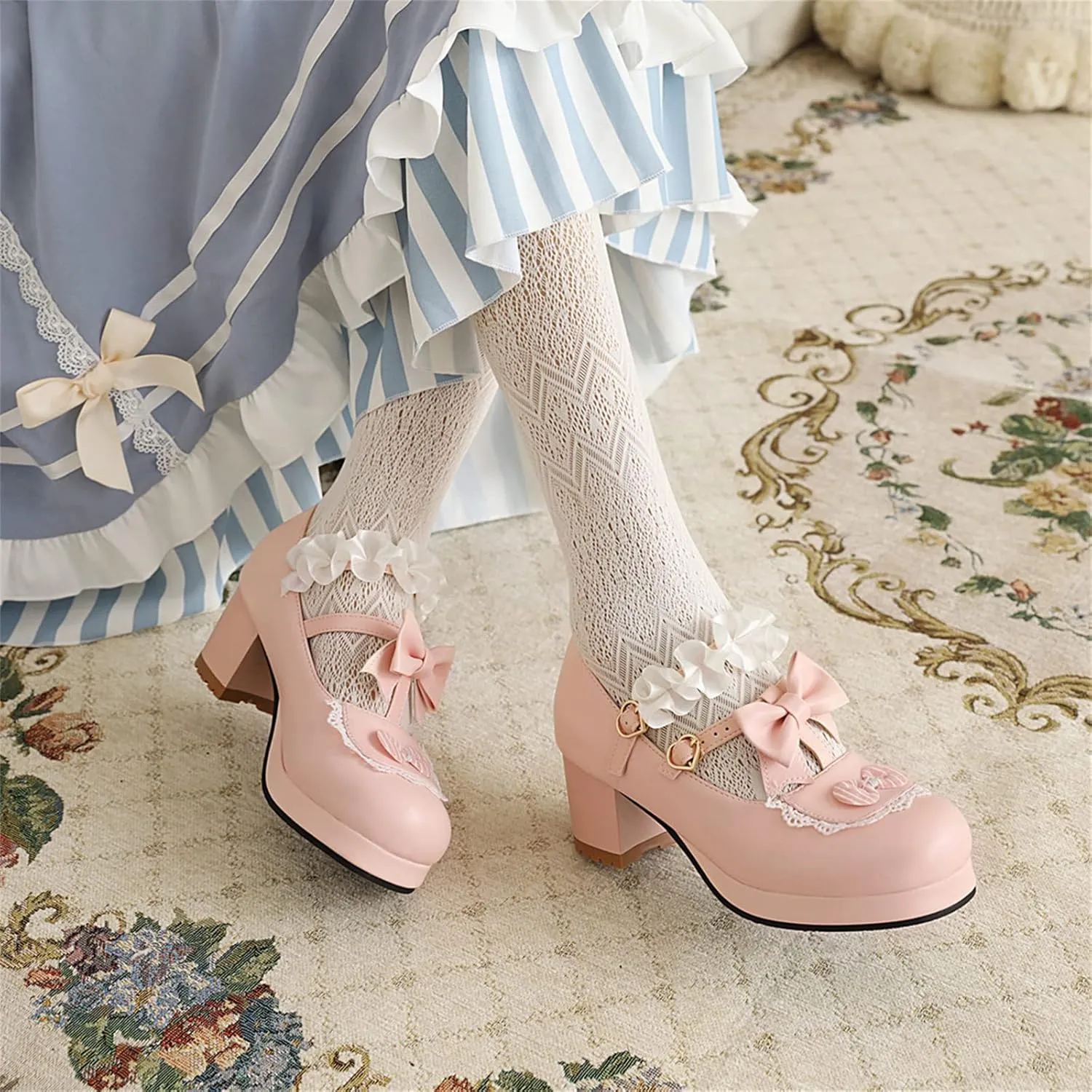 Women's Block Chunky Heel Round Toe Double Strappy Bow Heart Buckle Sweet Lolita Pumps Platform Pleated Bordered Goth Harajuku Kawaii Shoe Uniform Shoes