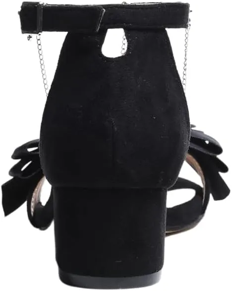 Women's Block Heel Sandals with Bow Detail, Ankle Strap, Chain Accent, Black,