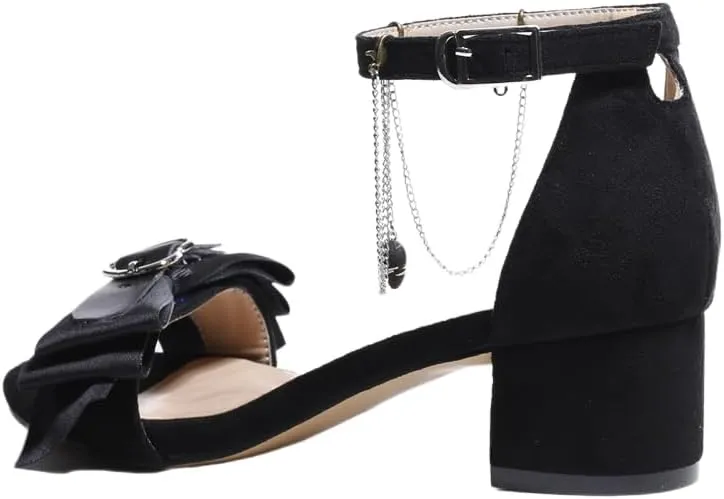 Women's Block Heel Sandals with Bow Detail, Ankle Strap, Chain Accent, Black,