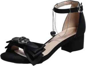 Women's Block Heel Sandals with Bow Detail, Ankle Strap, Chain Accent, Black,