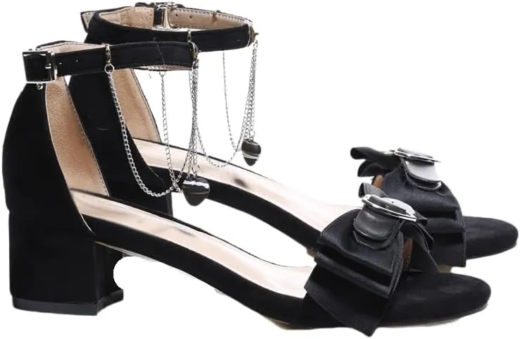 Women's Block Heel Sandals with Bow Detail, Ankle Strap, Chain Accent, Black,