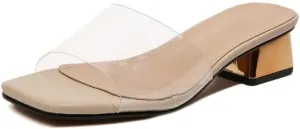 Women's Block Low Heel Clear Mule Sandals Square Toe Transparent Slide Dress Sandal for Office Work