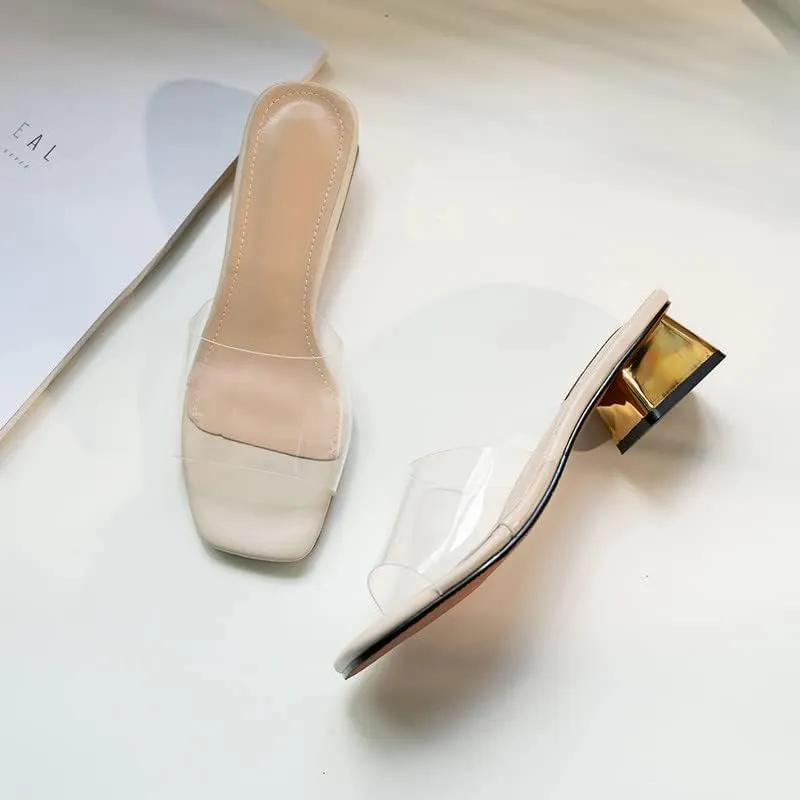 Women's Block Low Heel Clear Mule Sandals Square Toe Transparent Slide Dress Sandal for Office Work