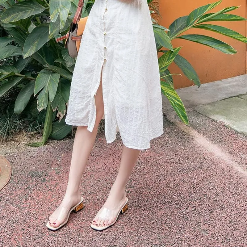 Women's Block Low Heel Clear Mule Sandals Square Toe Transparent Slide Dress Sandal for Office Work