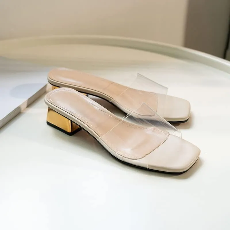 Women's Block Low Heel Clear Mule Sandals Square Toe Transparent Slide Dress Sandal for Office Work