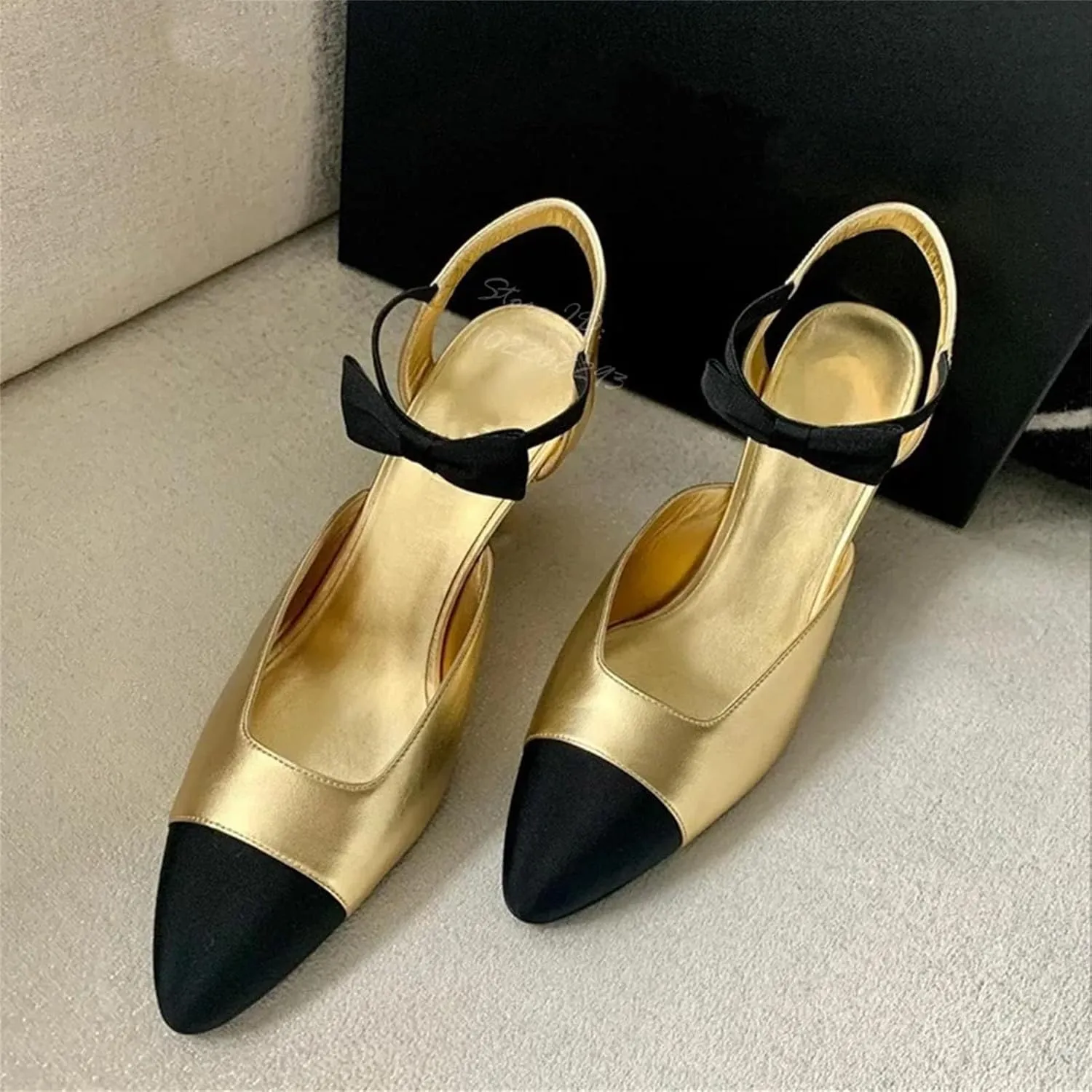 Women's Bow Binding Sandals, Gold Shallow Heel Spring Dress