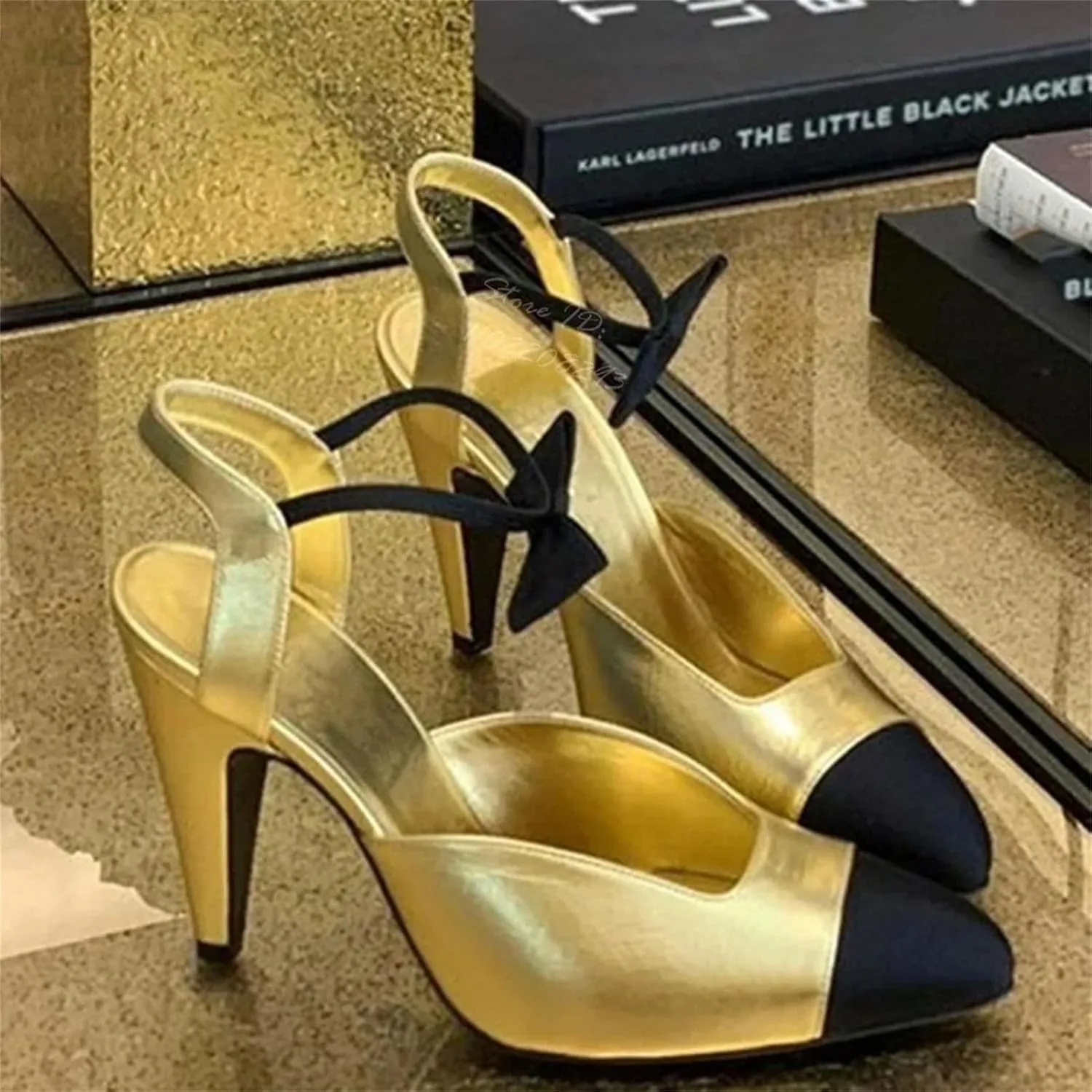 Women's Bow Binding Sandals, Gold Shallow Heel Spring Dress