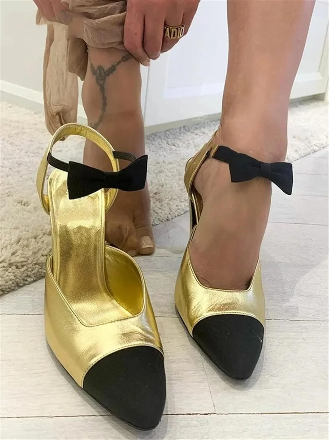 Women's Bow Binding Sandals, Gold Shallow Heel Spring Dress