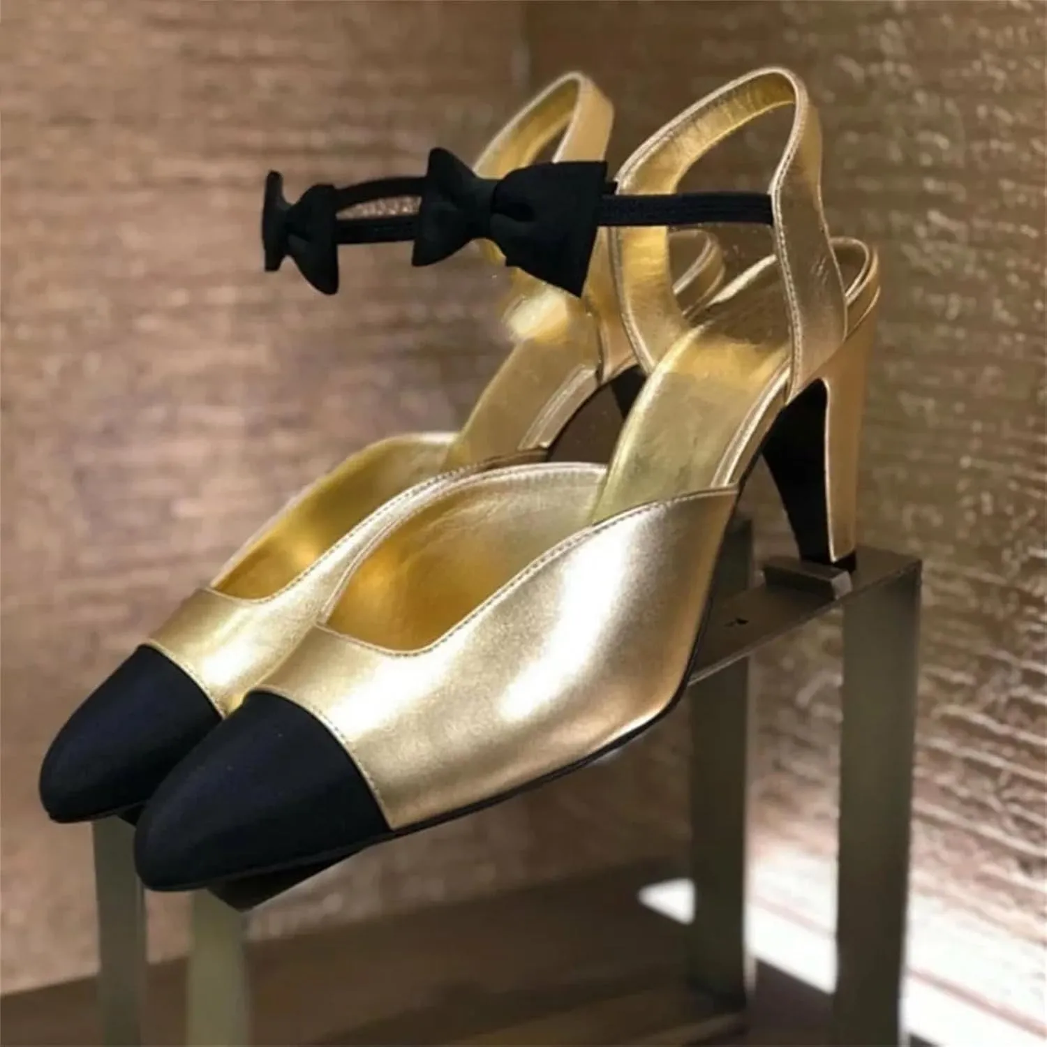 Women's Bow Binding Sandals, Gold Shallow Heel Spring Dress