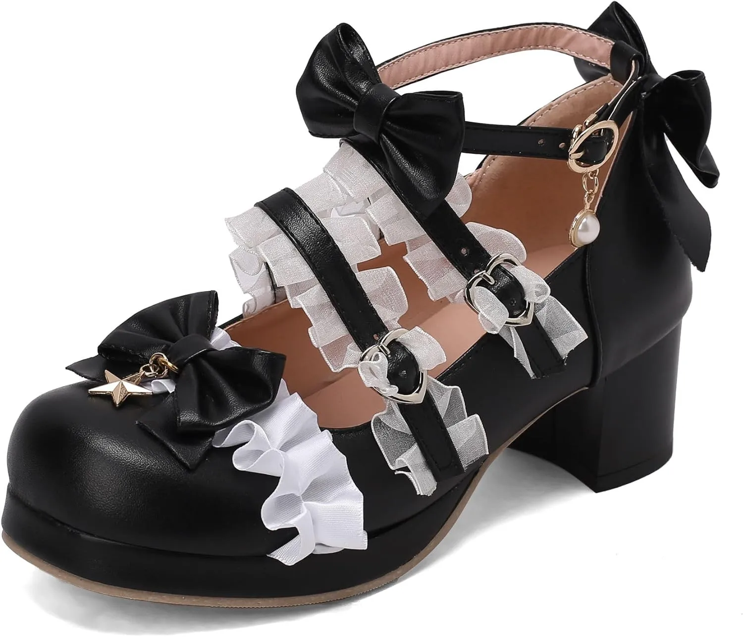 Women's Bow Cute Mary Janes Lolita Shoes, Ankle Strap Block Chunky Kawaii Heels, Closed Toe Cosplay Dress Platform Pumps
