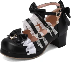 Women's Bow Cute Mary Janes Lolita Shoes, Ankle Strap Block Chunky Kawaii Heels, Closed Toe Cosplay Dress Platform Pumps