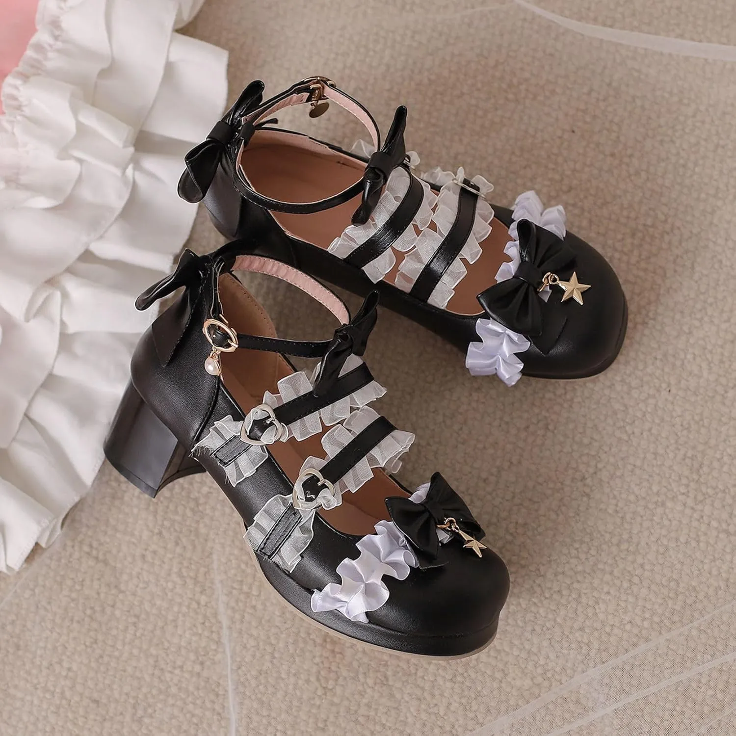 Women's Bow Cute Mary Janes Lolita Shoes, Ankle Strap Block Chunky Kawaii Heels, Closed Toe Cosplay Dress Platform Pumps