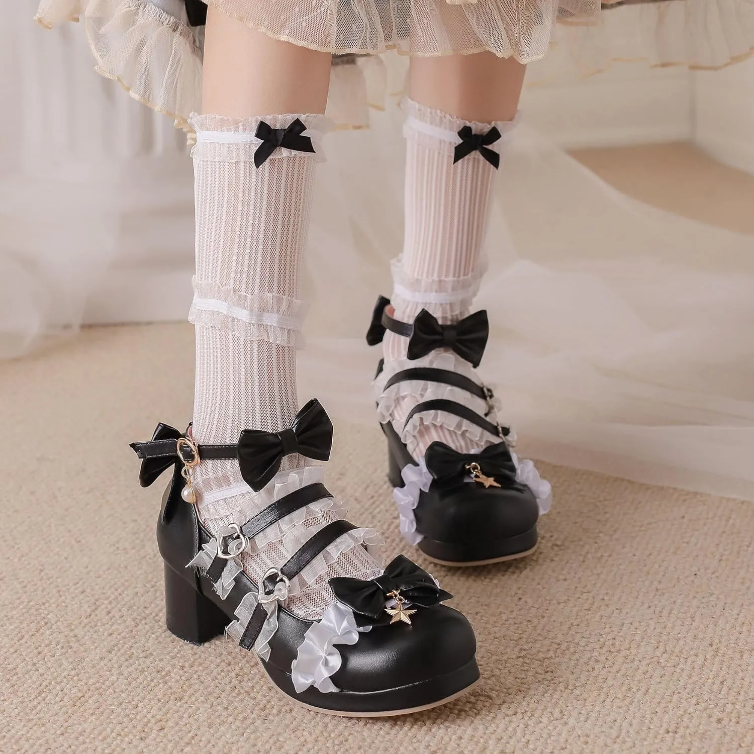 Women's Bow Cute Mary Janes Lolita Shoes, Ankle Strap Block Chunky Kawaii Heels, Closed Toe Cosplay Dress Platform Pumps