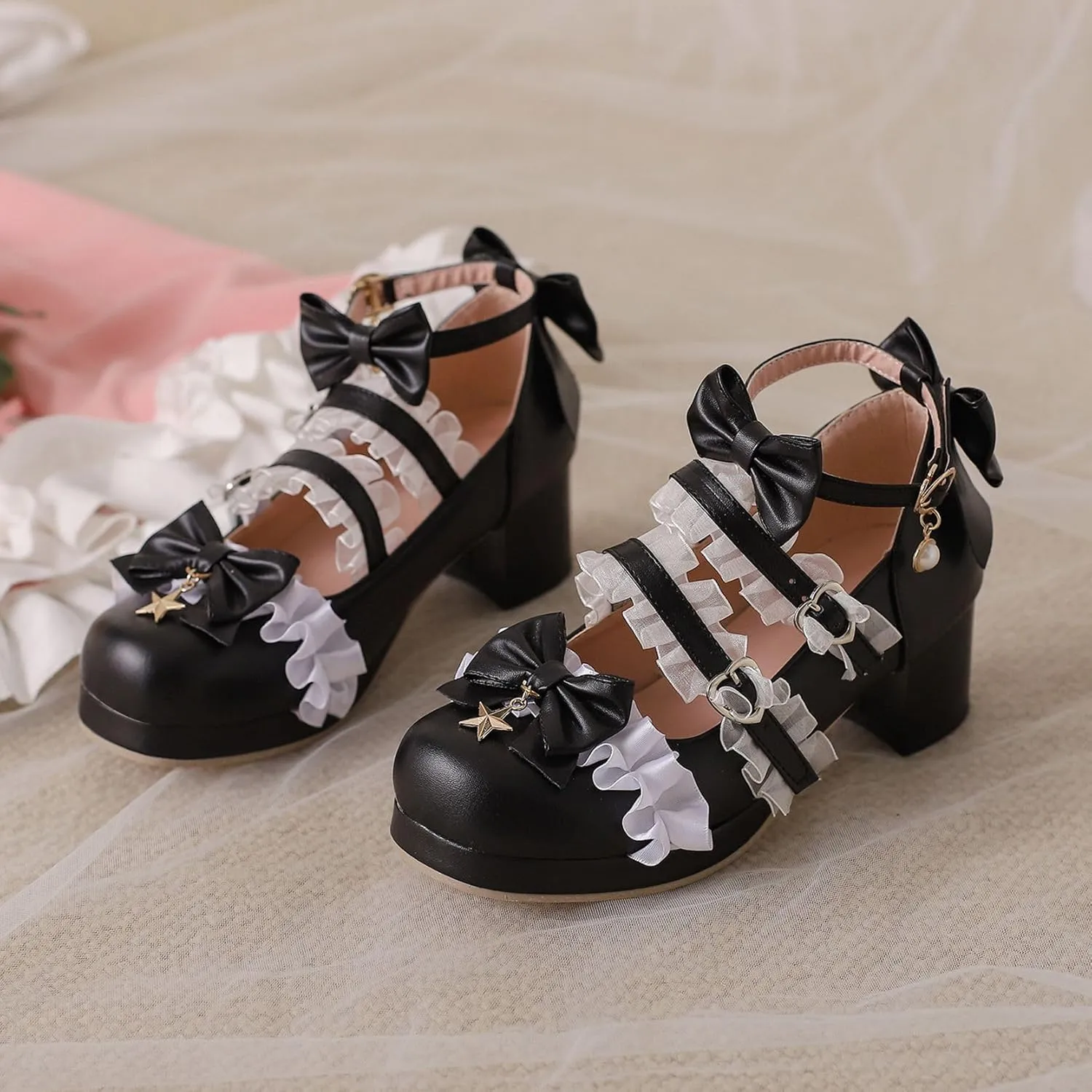 Women's Bow Cute Mary Janes Lolita Shoes, Ankle Strap Block Chunky Kawaii Heels, Closed Toe Cosplay Dress Platform Pumps