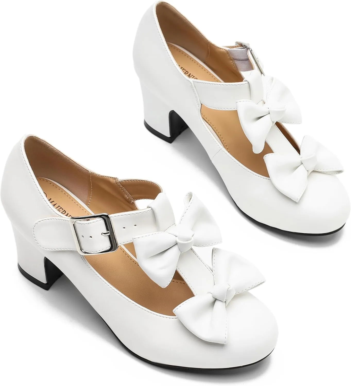 Women's Bow Heel Pumps Vintage T Strap Mary Jane Mid Chunky Heel Dress Shoes