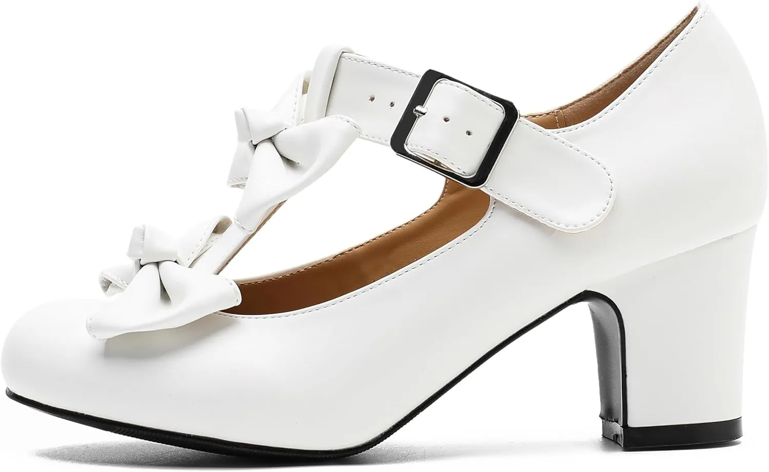 Women's Bow Heel Pumps Vintage T Strap Mary Jane Mid Chunky Heel Dress Shoes