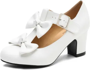 Women's Bow Heel Pumps Vintage T Strap Mary Jane Mid Chunky Heel Dress Shoes