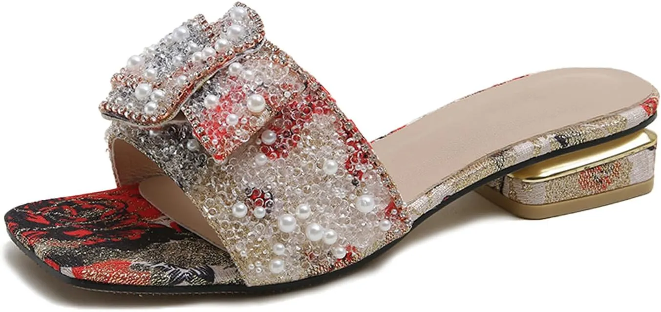 Women's Bow Rhinestone Low Chunky Heel Sandals Slides Sparkling Pearl Open Toe Mules Block Heeled Slip-on Dressy Sandals Summer Casual Slippers Shoes
