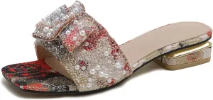 Women's Bow Rhinestone Low Chunky Heel Sandals Slides Sparkling Pearl Open Toe Mules Block Heeled Slip-on Dressy Sandals Summer Casual Slippers Shoes
