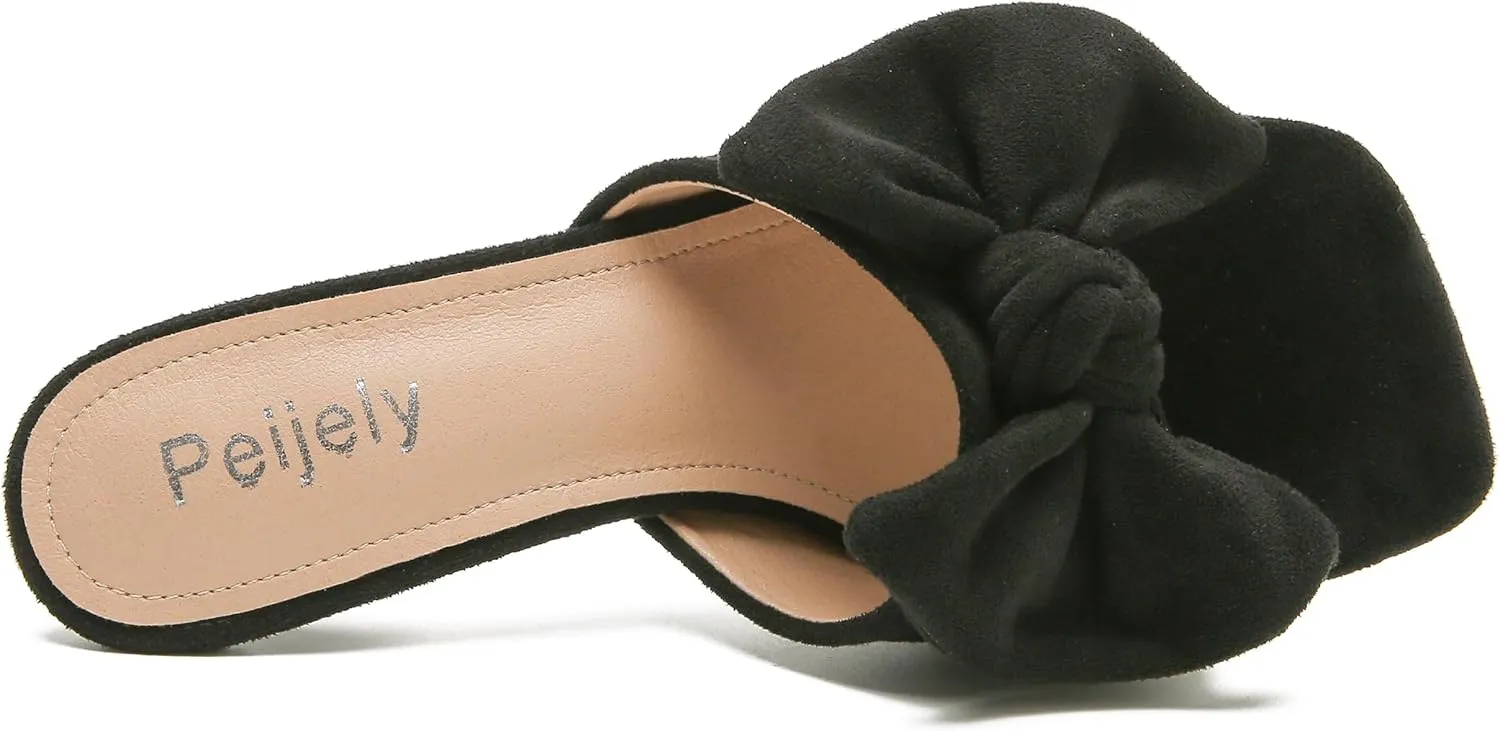 Women's Bow Sandal Mid High Kitten Heel Slip on Square Toe Mule Heels