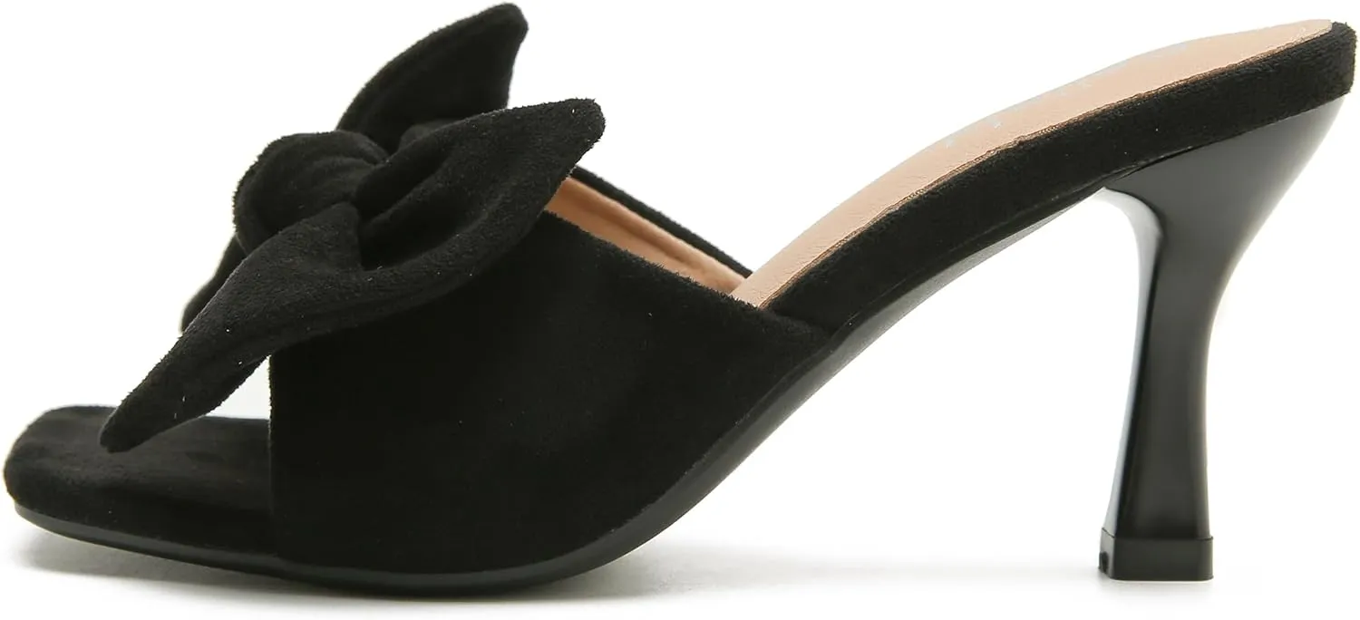 Women's Bow Sandal Mid High Kitten Heel Slip on Square Toe Mule Heels