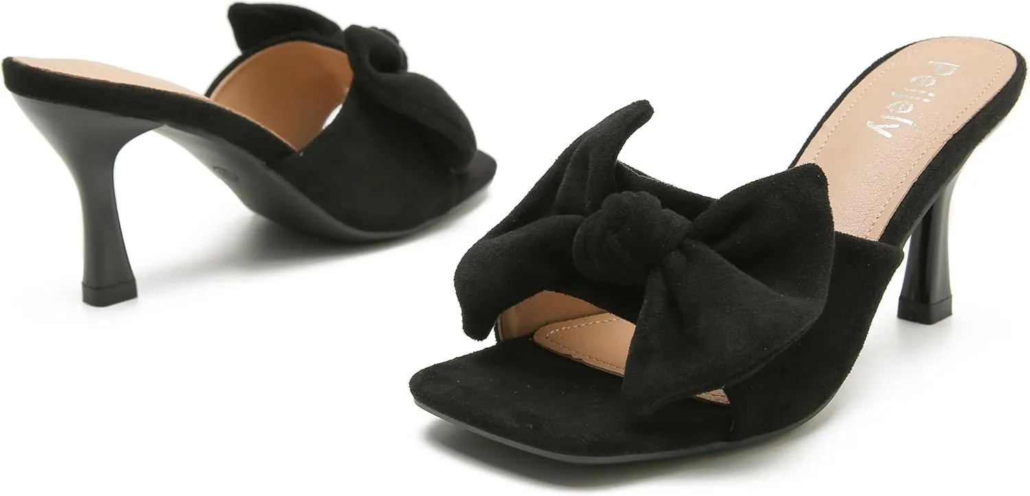 Women's Bow Sandal Mid High Kitten Heel Slip on Square Toe Mule Heels