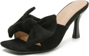 Women's Bow Sandal Mid High Kitten Heel Slip on Square Toe Mule Heels
