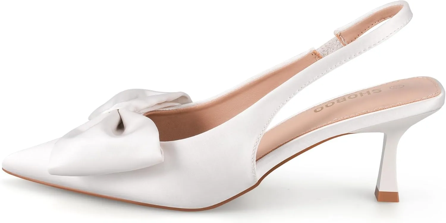 Women's Bow Slingback Heels Pointed Toe Kitten Pumps Dress Shoes with Elastic Strap - 2.4'' Inches Height