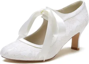 Women's Bridal Wedding Heels - Satin Stiletto Pumps with Lace & Ribbon Tie, Closed Toe Elegant Shoes for Bride, Bridesmaid Ceremony & Reception