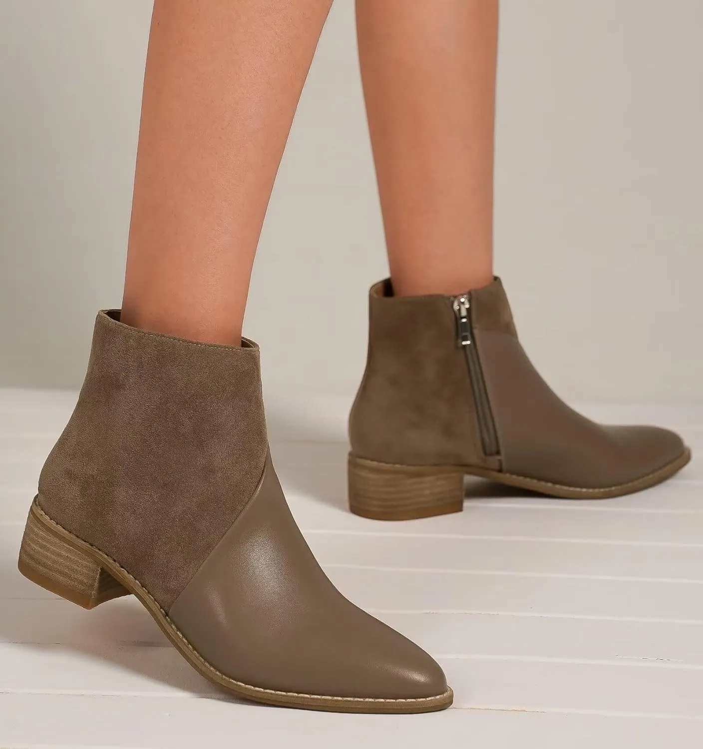 Women's Brown Two-Tone Ankle Boots Western Bootie Pointed Toe Stacked Block Heel Boots