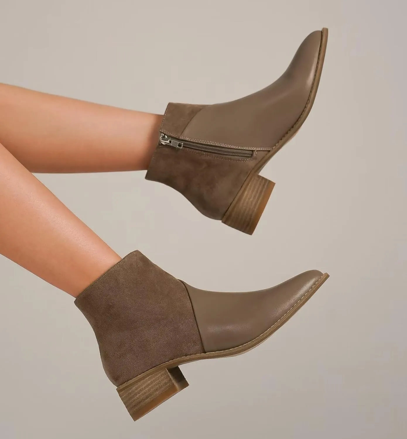 Women's Brown Two-Tone Ankle Boots Western Bootie Pointed Toe Stacked Block Heel Boots