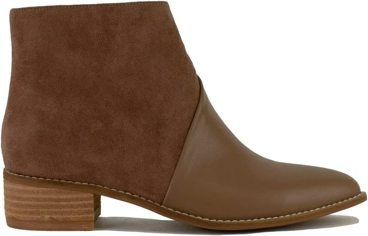 Women's Brown Two-Tone Ankle Boots Western Bootie Pointed Toe Stacked Block Heel Boots