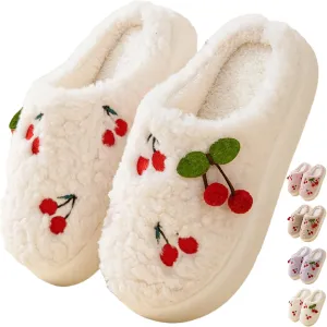 Women's Cherry Slippers Cozy Winter Warm Fuzzy Slippers with Non-Slip Sole Cute Indoor Home Slip On Plush Bedroom House Shoes Gifts