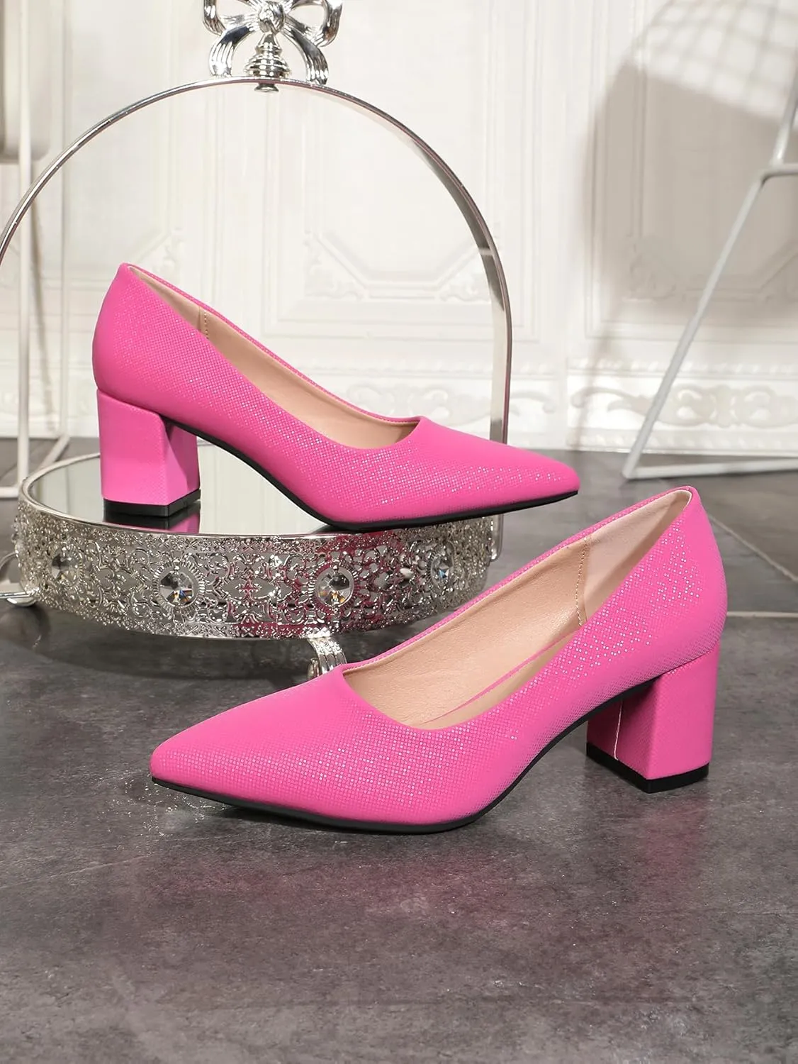 Women's Chunky Block Heel Glitter Pointed Toe Classic Work Dress Pumps Slip On Closed Toe Mid Heels for Women Office Wedding Party Daily Ladies Shoes 2.36 Inch