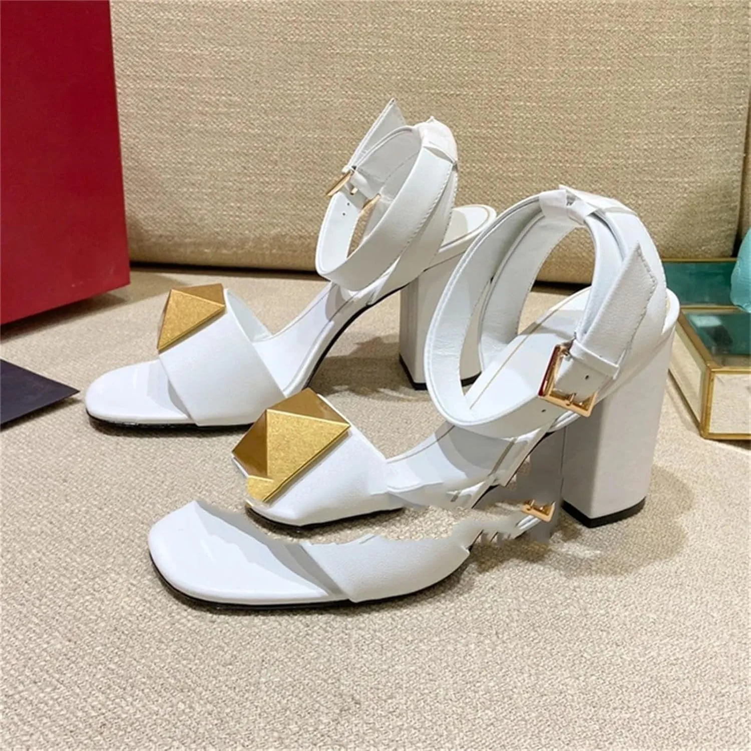 Women's Chunky Heel Leather Sandals, Rivet Strappy Open Toe Summer Luxury
