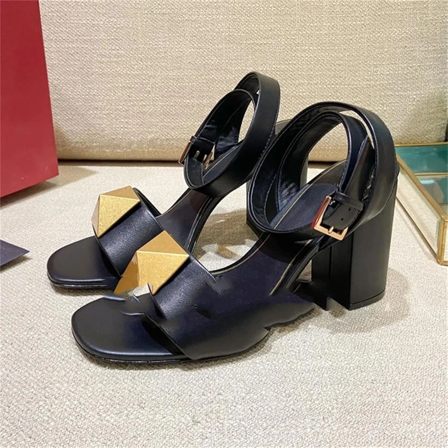 Women's Chunky Heel Leather Sandals, Rivet Strappy Open Toe Summer Luxury