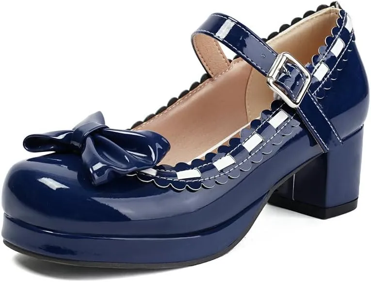 Women's Chunky Heel Platform Pumps Chic Bow Lolita Shoes Mary Jane High Heels Dress Shoes