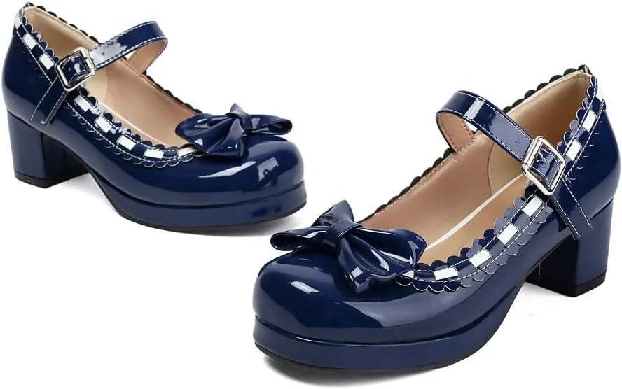 Women's Chunky Heel Platform Pumps Chic Bow Lolita Shoes Mary Jane High Heels Dress Shoes